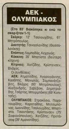 ΑΕΚ Ολυμπιακός Φώτα διακοπή 1993/94
